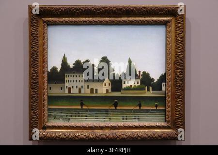 Paesaggio e quattro pescatori, olio su tela, 1909, di Henri Rousseau. Un dipinto di Henri Rousseau che raffigura pescatori su un fiume, con case e alberi Foto Stock