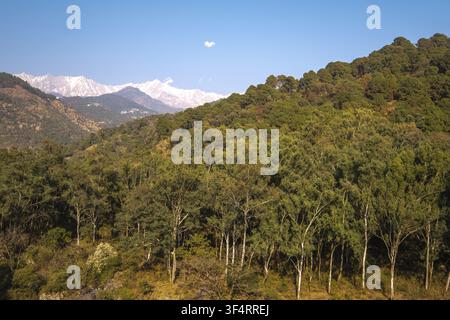 Una vista panoramica delle montagne innevate di Dharamsala, Himachal Pradesh, India, sullo sfondo di una fitta foresta e di colline verdi lussureggianti unde Foto Stock
