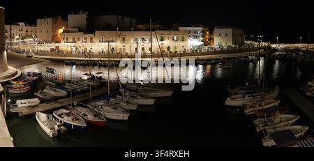 Porto di Monopoli in Puglia, Italia, durante la sera, che mostra tradizionali barche da pesca ormeggiate vicino alla vecchia città illuminata e all'architettura del lungomare. Eu, i Foto Stock