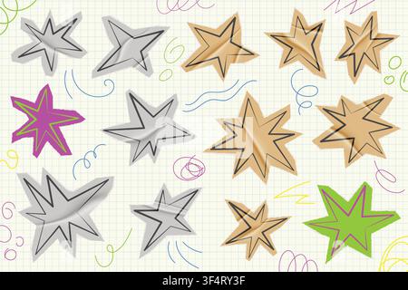 Adesivi a forma di stella disegnati a mano con elementi di collage su carta strutturata per design di scrapbooking, sfondi di doodle vintage e progetti creativi di artigianato con stile retrò Illustrazione Vettoriale