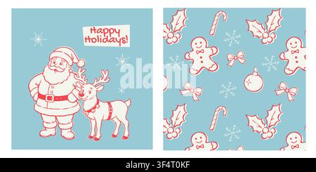 Set di illustrazioni natalizie con Babbo Natale con una renna, un augurio di Buone Feste e un motivo festivo senza cuciture con biscotti di zenzero Illustrazione Vettoriale