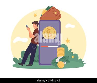 Pagamenti mobili e portafoglio digitale. Applicazione di banking sullo smartphone, transazioni online, tecnologia di app fintech, gestione della finanza personale, denaro Illustrazione Vettoriale