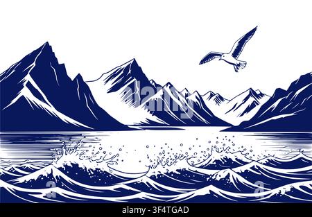 Onde del mare o dell'oceano, montagne all'orizzonte e un gabbiano nel cielo, schizzo. Illustrazione vettoriale. Il disegno è isolato su sfondo bianco. Seafoo Illustrazione Vettoriale