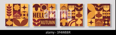 Set di quattro biglietti di auguri autunnali quadrati con disegni geometrici a griglia in stile midcentury, fogliame autunnale, raccolti e la scritta "Hello Autumn". Illustrazione Vettoriale