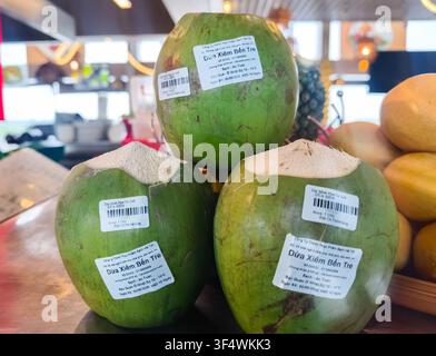 Noce di cocco fresche e giovani del Ben Tre Siamese, originarie della regione del delta del Mekong in Vietnam, esposte in vendita in un negozio dell'aeroporto di Hanoi, Vietnam Foto Stock
