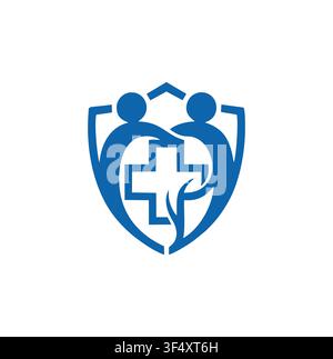 Design di logo a croce medica per scudi di cura professionale moderna per le persone Illustrazione Vettoriale