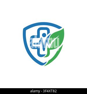 Design moderno di logo professionale sanitario con scudo medico e croce a foglia Illustrazione Vettoriale