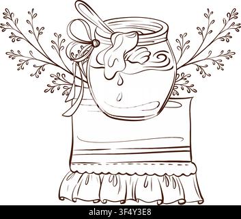 Barattolo di miele su asciugamano di lino piegato, illustrazione vettoriale di disegno botanico a tratto di penna in stile ereditario senza tempo per etichette di miele, confezioni, branding e Illustrazione Vettoriale