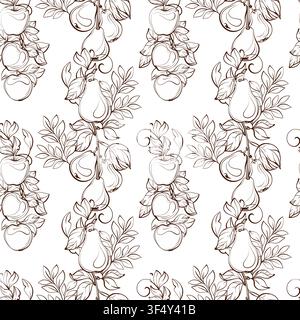 Modello verticale senza cuciture con rami di pere e mele, illustrazione vettoriale a tratto botanico in elegante stile vintage per tessuti, imballaggio Illustrazione Vettoriale
