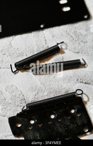 Scatto verticale in primo piano delle molle di tensione del ponte tremolo di una chitarra elettrica nera, della pinza metallica e delle hardware della piastra posteriore disposti su uno sfondo chiaro e strutturato. Perfetto per riparazioni di chitarre, manutenzione degli strumenti, liuteria fai-da-te e concetti di pezzi di ricambio. Foto Stock