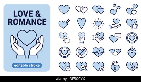 Set di icone a linea a forma di cuore per amore e romanticismo con tratto modificabile per il design grafico Illustrazione Vettoriale