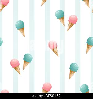 Un motivo senza giunzioni con coni di gelato su uno sfondo a righe Illustrazione Vettoriale