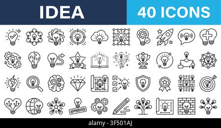 Set di 40 icone vettoriali in stile linea sottile relative a idee e innovazione Illustrazione Vettoriale