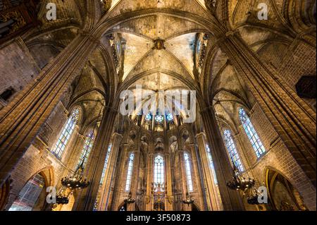 Barcellona, Spagna – 16 aprile 2026: Interno della cattedrale in stile gotico della Santa Croce e di Santa Eulalia nel centro storico della città. Foto Stock