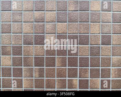 Una superficie piastrellata mostra toni terrosi in una griglia uniforme. Ogni piastrella quadrata ha una finitura texturizzata e macchiata. Le linee di stucco grigie creano una geometria nitida Foto Stock