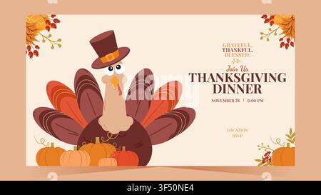 Tacchino carino con zucche e ghirlanda autunnale per un invito a una cena del Ringraziamento. Ideale per biglietti di auguri, eventi di festa e design di stampa, illustrazione vettoriale. Illustrazione Vettoriale