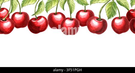 Ciliegie con fiori e foglie su ramo bordo senza cuciture acquerellato. Sfondo di frutta illustrazione disegnata a mano per un design di alimentazione sana. Biologico Foto Stock