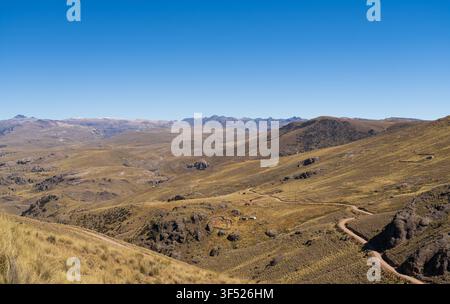 Vista panoramica di una strada sterrata tortuosa che si snoda attraverso il vasto paesaggio arido della valle montana dell'Altiplano peruviano sotto un cielo blu terso Foto Stock