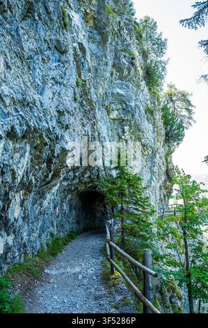 Immagine verticale di un sentiero stretto per escursioni montane scavato attraverso una parete rocciosa sopra l'Achensee nel Tirolo, Austria. Il sentiero roccioso corre lungo una ripida scogliera Foto Stock