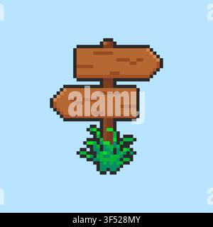 Design di asset di gioco per cartello in legno in pixel art Illustrazione Vettoriale