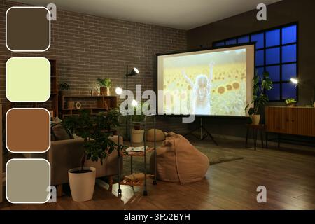 Sala cinema domestica con schermo proiettato che mostra una ragazza in un campo di girasoli, design interno accogliente Foto Stock