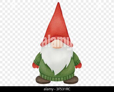 Gnomo natalizio acquerellato con cappello rosso, illustrazione carina e festosa per le vacanze invernali. Vettore. Illustrazione Vettoriale