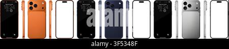Pacchetto di mockup dettagliato per telefoni cellulari arancione, blu e argento. Vista frontale, laterale e posteriore isolata su sfondo trasparente. PNG vettoriale Illustrazione Vettoriale