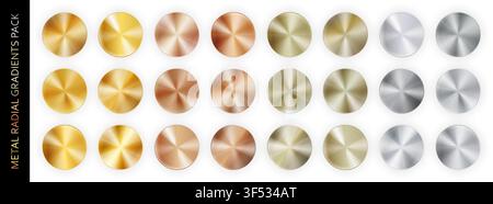 Confezione grande con gradiente radiale realistico in metallo cromato isolato su sfondo bianco con ombre. Oro, bronzo, rame, alluminio, nichel e argento Illustrazione Vettoriale