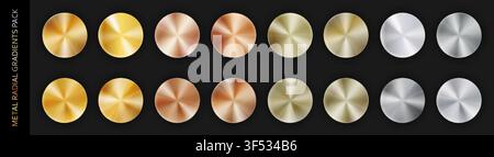 Confezione grande in metallo cromato con sfumatura radiale realistica, isolata su sfondo nero con ombre. Oro, bronzo, rame, alluminio, nichel e argento Illustrazione Vettoriale