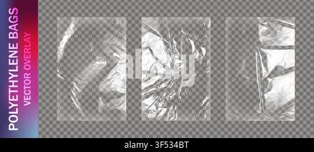 Set realistico di sacchetti di polietilene in plastica trasparente sovrapposti. Texture vinilica per imballaggio. Illustrazione vettoriale Illustrazione Vettoriale