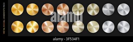 Confezione grande in metallo cromato con sfumatura radiale realistica, isolata su sfondo nero con ombre. Oro, bronzo, rame, alluminio, nichel e argento Illustrazione Vettoriale