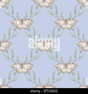 Farfalle bianche di pavone con motivo a griglia floreale senza cuciture su sfondo azzurro. Insetto volante acquerellato pastello disegnato a mano. Design estivo per tessuto o carta da parati. Decorazione tessile ripetitiva romantica. Foto Stock