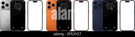 Mockup della linea Apple Iphone 17 Pro: Arancione cosmico, Blu profondo, Argento. Vista frontale e posteriore isolata. PNG vettoriale editoriale Illustrazione Vettoriale