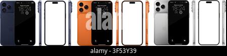 Mockup della linea Apple Iphone 17 Pro Max: Arancione Cosmico, Blu Profondo, Argento. Vista frontale, posteriore e laterale isolata. PNG vettoriale editoriale Illustrazione Vettoriale