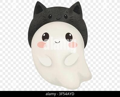 Fantasma con cappello da gatto nero, grazioso vettore di illustrazione di Halloween ad acquerello. Illustrazione Vettoriale