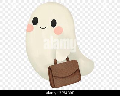 Acquerello di un fantasma carino che tiene una borsa marrone, illustrazione minimalista kawaii per Halloween su sfondo bianco.vettore Illustrazione Vettoriale