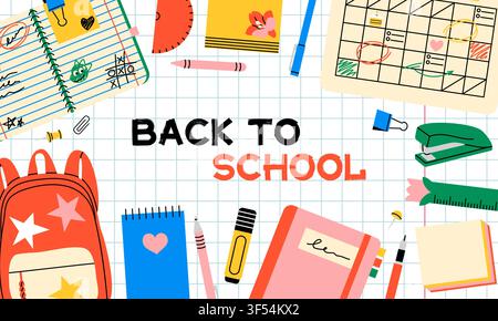 Banner Ritorno a Scuola con forniture Illustrazione Vettoriale