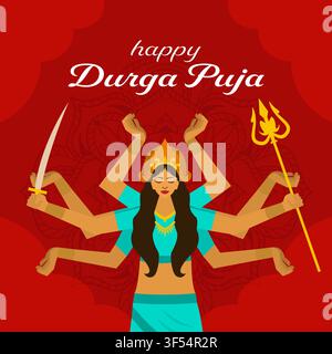 Design di banner quadrato per il felice festival di Durga Puja con la dea Durga Illustrazione Vettoriale