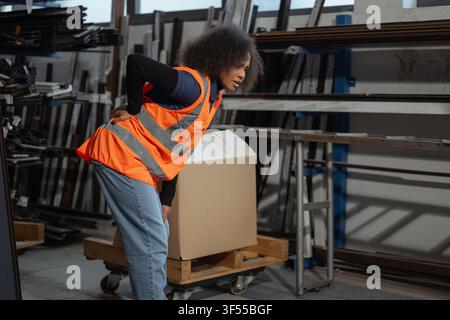 Una donna in una fabbrica prova dolori alla parte bassa della schiena mentre solleva una scatola di cartone pesante. È preoccupata per il suo infortunio sul lavoro. Foto Stock