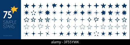 Confezione con 75 elementi astratti a forma semplice di stella. Icone vettoriali scintillanti. Illustrazione Vettoriale