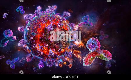 Anticorpi che attaccano il virus, illustrazione. Foto Stock