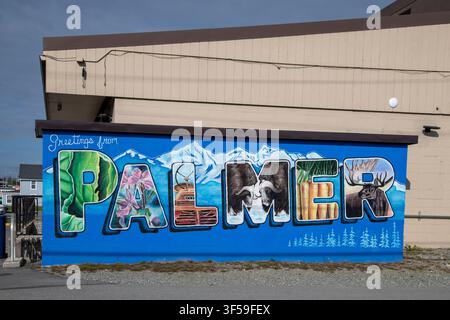 Palmer, Alaska. Insegna di benvenuto colorata della città. Foto Stock