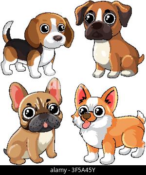 Quattro adorabili cuccioli di cartoni animati tra cui Beagle, Boxer, Bulldogga Francese e Corgi su sfondo bianco Illustrazione Vettoriale