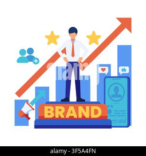 Strategia di personal branding con professionista aziendale e crescita dei social media. Concetto di strategia di personal branding Illustrazione Vettoriale