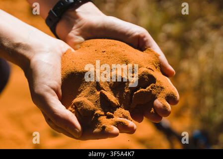 Mani a coppa che reggono un mucchio di terra ocra rossa naturale fine al Sentier des Ocres a Roussillon, Provenza, Francia. Foto Stock