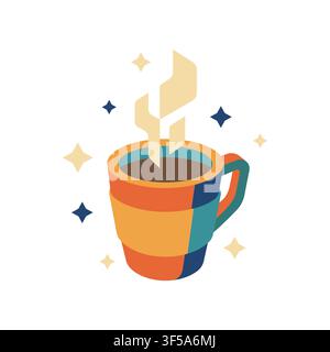 Illustrazione vettoriale di una tazza di caffè caldo stilizzata colorata con vapore e stelle su sfondo bianco isolato Illustrazione Vettoriale
