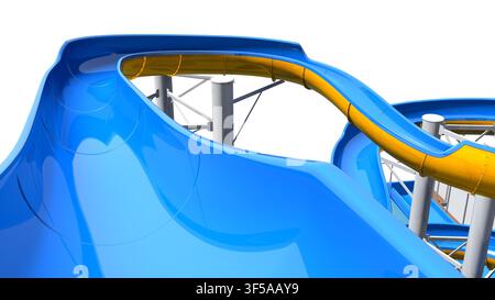 Rendita 3D architettonica minimalista astratta di uno scivolo curvo colorato per piscina isolato su sfondo bianco solido con spazio per il testo. Foto Stock