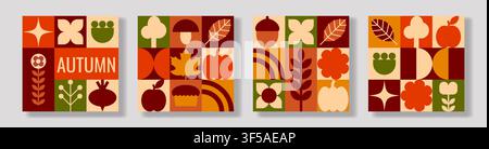 Set di quattro biglietti di auguri autunnali quadrati con disegni geometrici a griglia in stile midcentury, foglie autunnali, raccolti e il testo "Hello Autumn". Illustrazione Vettoriale