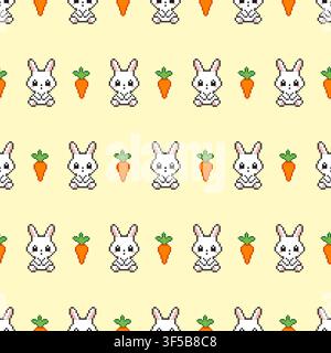 Motivo a punto di coniglio e carota in pixel art senza cuciture su sfondo giallo. Illustrazione Vettoriale