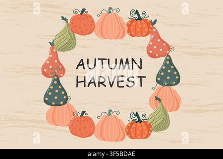 Ghirlanda autunnale del raccolto con zucche decorative illustrazione vettoriale Illustrazione Vettoriale